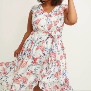 Lane Bryant floral hi low ruffle midi sleeveless belted dress NEW withou…